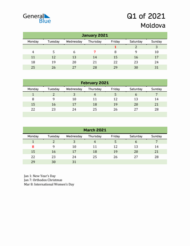 Quarterly Calendar 2021 with Moldova Holidays