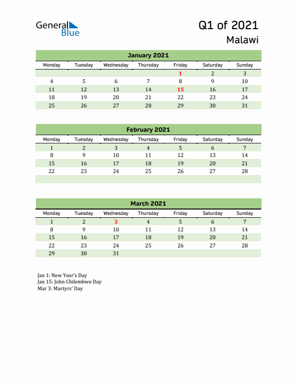 Quarterly Calendar 2021 with Malawi Holidays