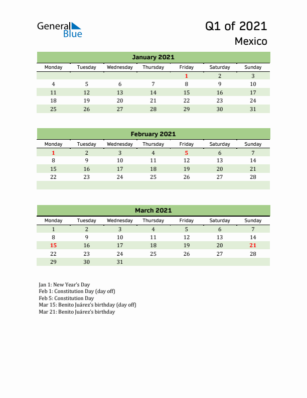 Quarterly Calendar 2021 with Mexico Holidays