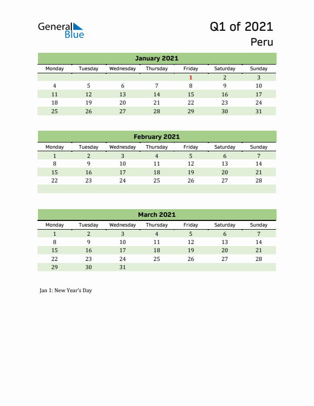 Quarterly Calendar 2021 with Peru Holidays