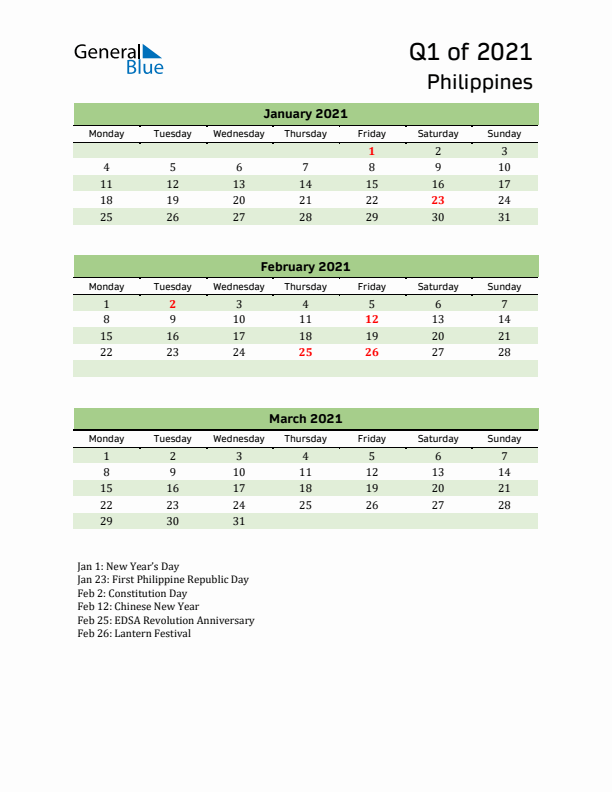 Quarterly Calendar 2021 with Philippines Holidays