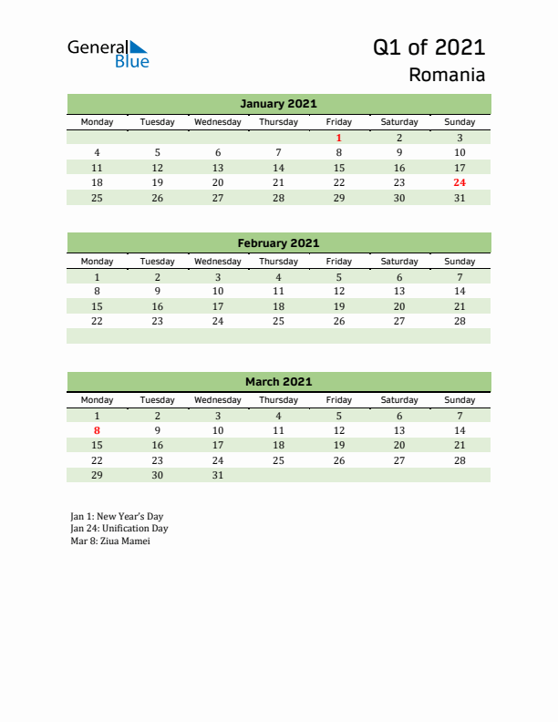 Quarterly Calendar 2021 with Romania Holidays