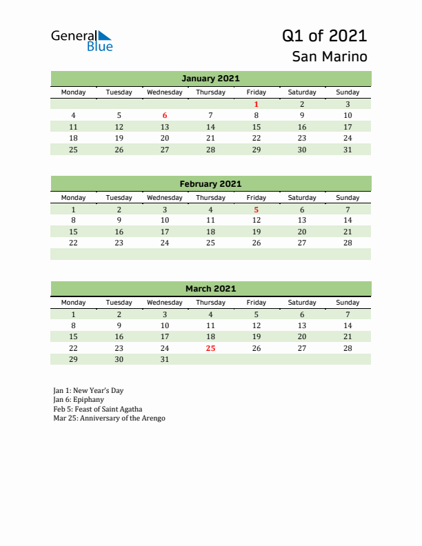 Quarterly Calendar 2021 with San Marino Holidays