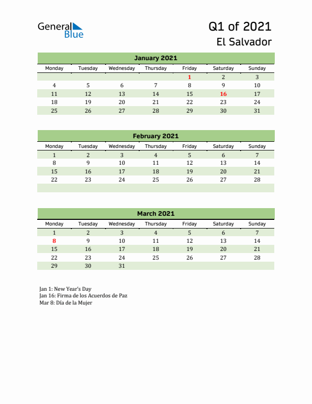 Quarterly Calendar 2021 with El Salvador Holidays