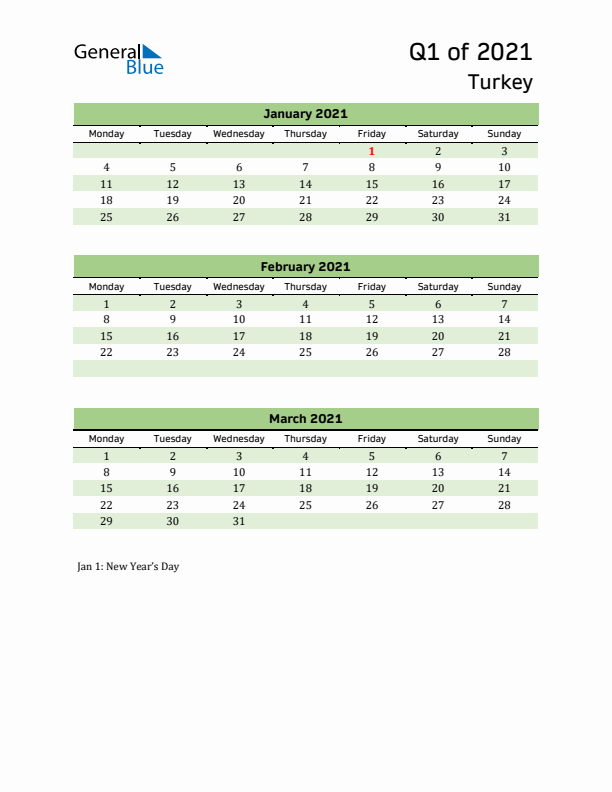 Quarterly Calendar 2021 with Turkey Holidays