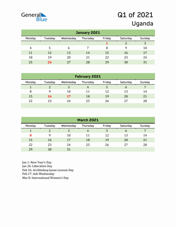 Quarterly Calendar 2021 with Uganda Holidays