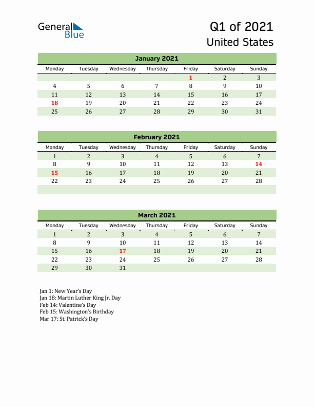 Quarterly Calendar 2021 with United States Holidays