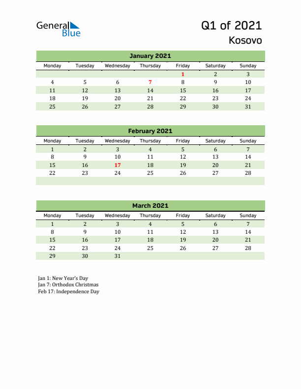 Quarterly Calendar 2021 with Kosovo Holidays