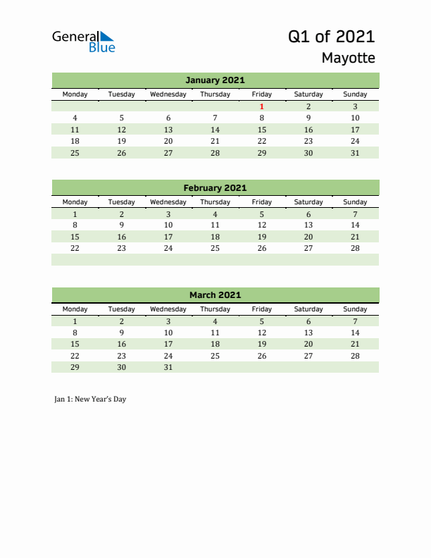Quarterly Calendar 2021 with Mayotte Holidays
