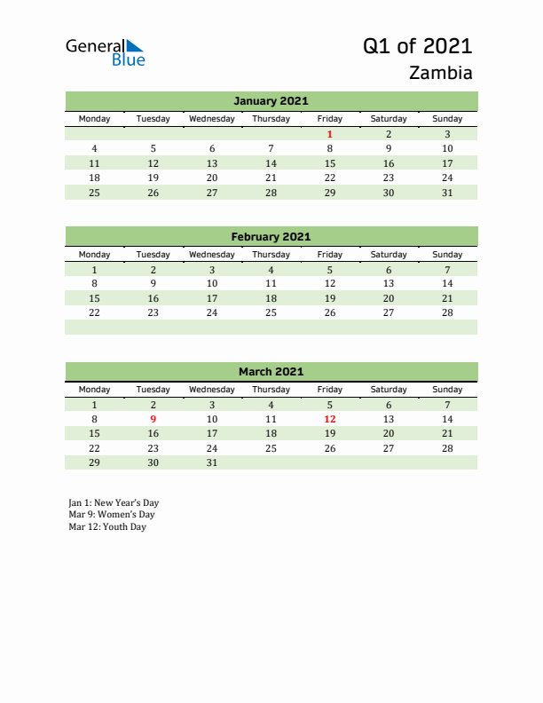 Quarterly Calendar 2021 with Zambia Holidays