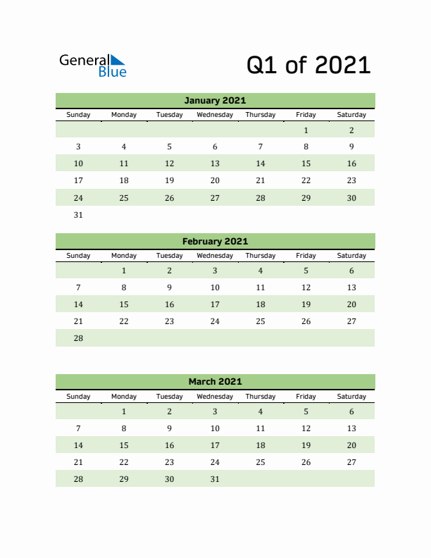 Printable Quarterly Calendar (Q1 2021)