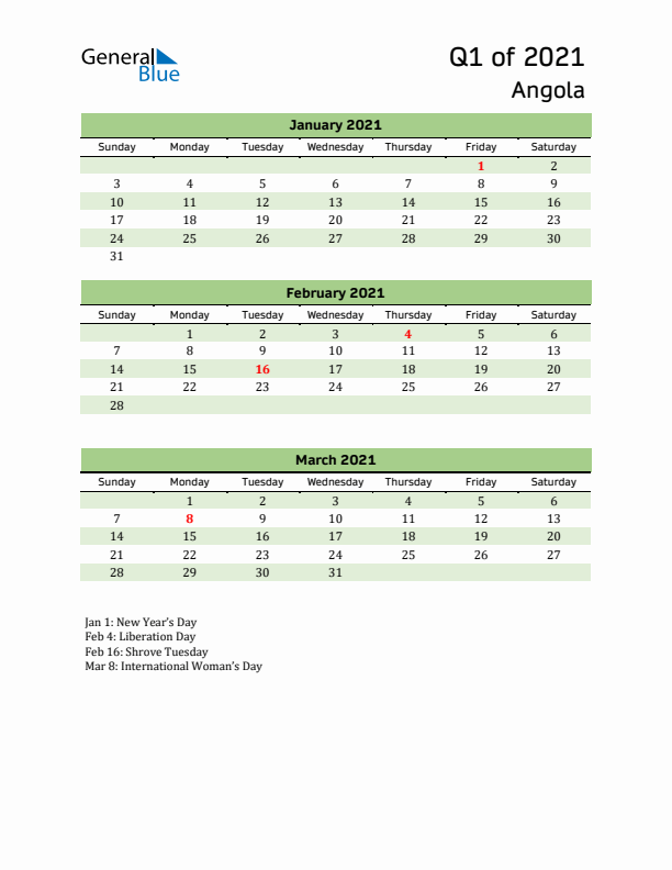 Quarterly Calendar 2021 with Angola Holidays