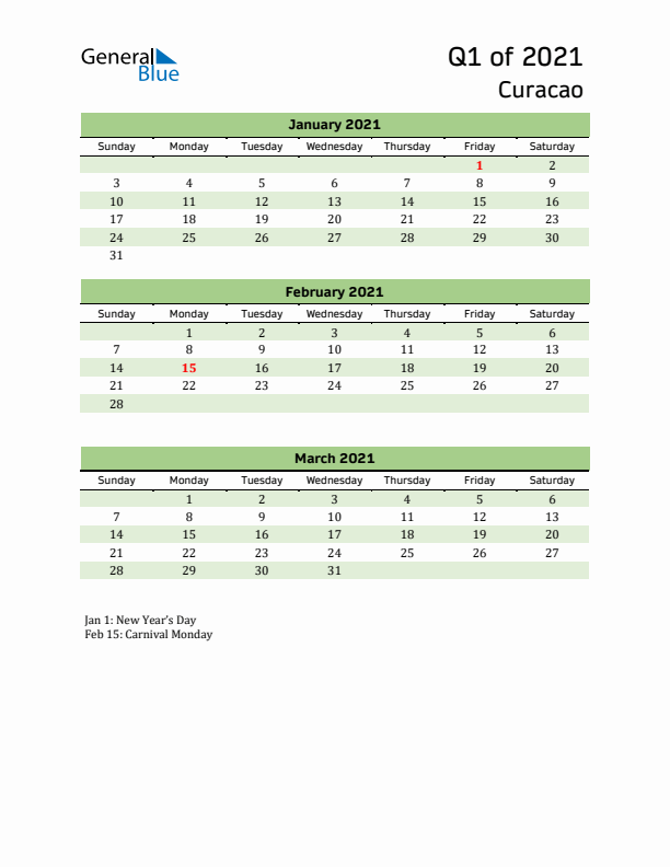 Quarterly Calendar 2021 with Curacao Holidays