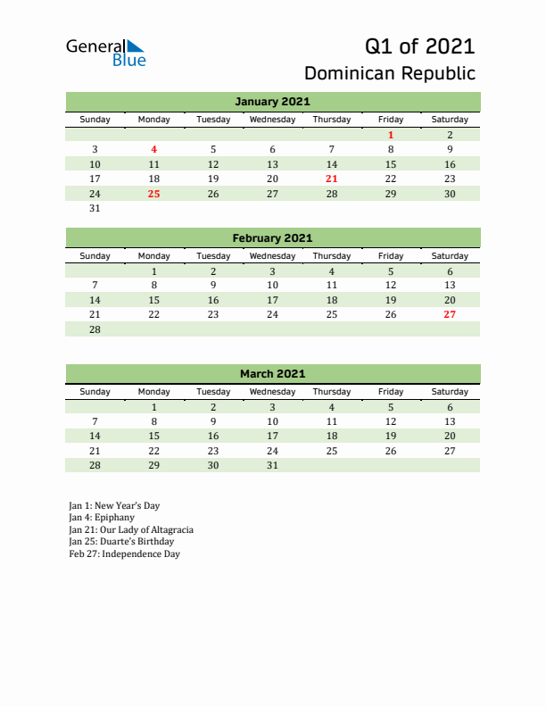 Quarterly Calendar 2021 with Dominican Republic Holidays