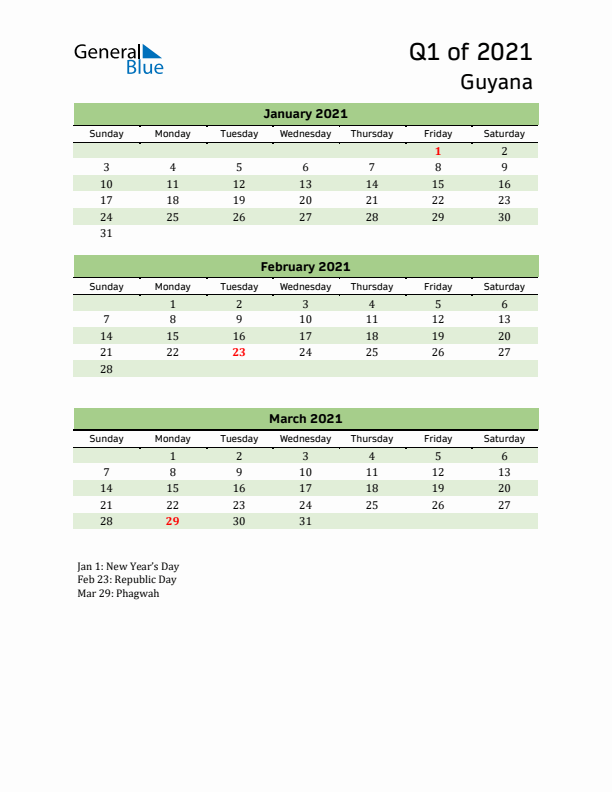 Quarterly Calendar 2021 with Guyana Holidays