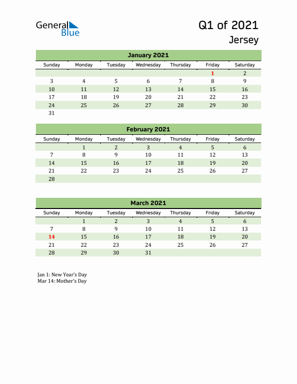 Quarterly Calendar 2021 with Jersey Holidays