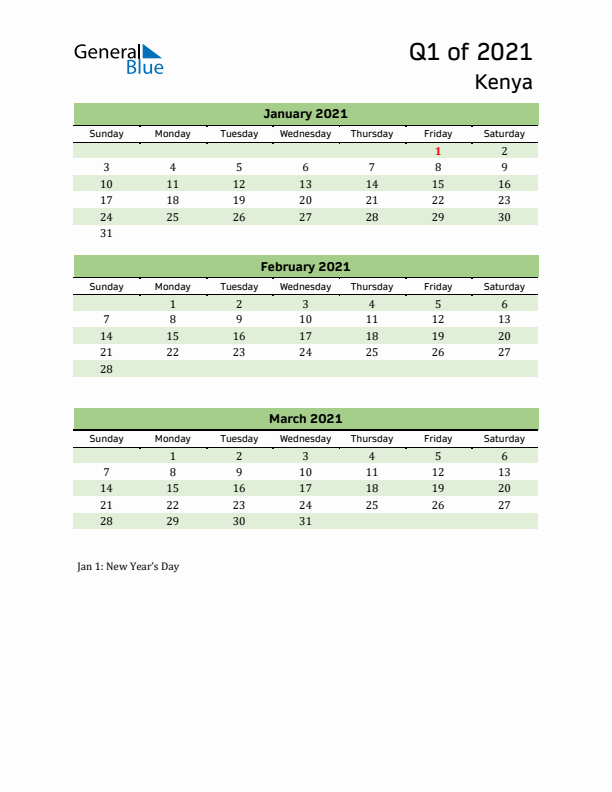 Quarterly Calendar 2021 with Kenya Holidays