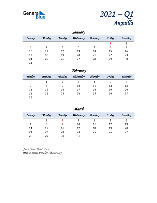  January, February, and March Calendar for Anguilla