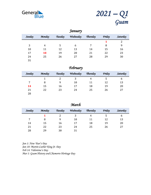  January, February, and March Calendar for Guam