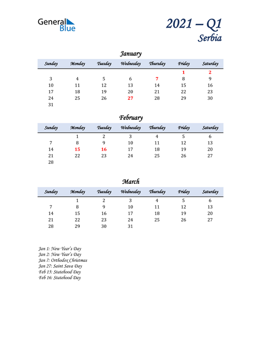  January, February, and March Calendar for Serbia