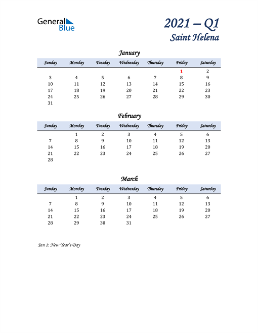  January, February, and March Calendar for Saint Helena