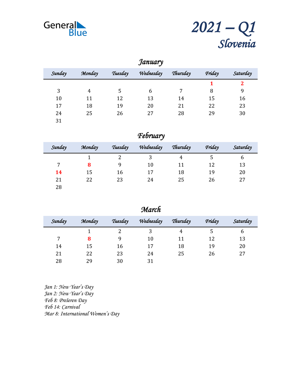  January, February, and March Calendar for Slovenia