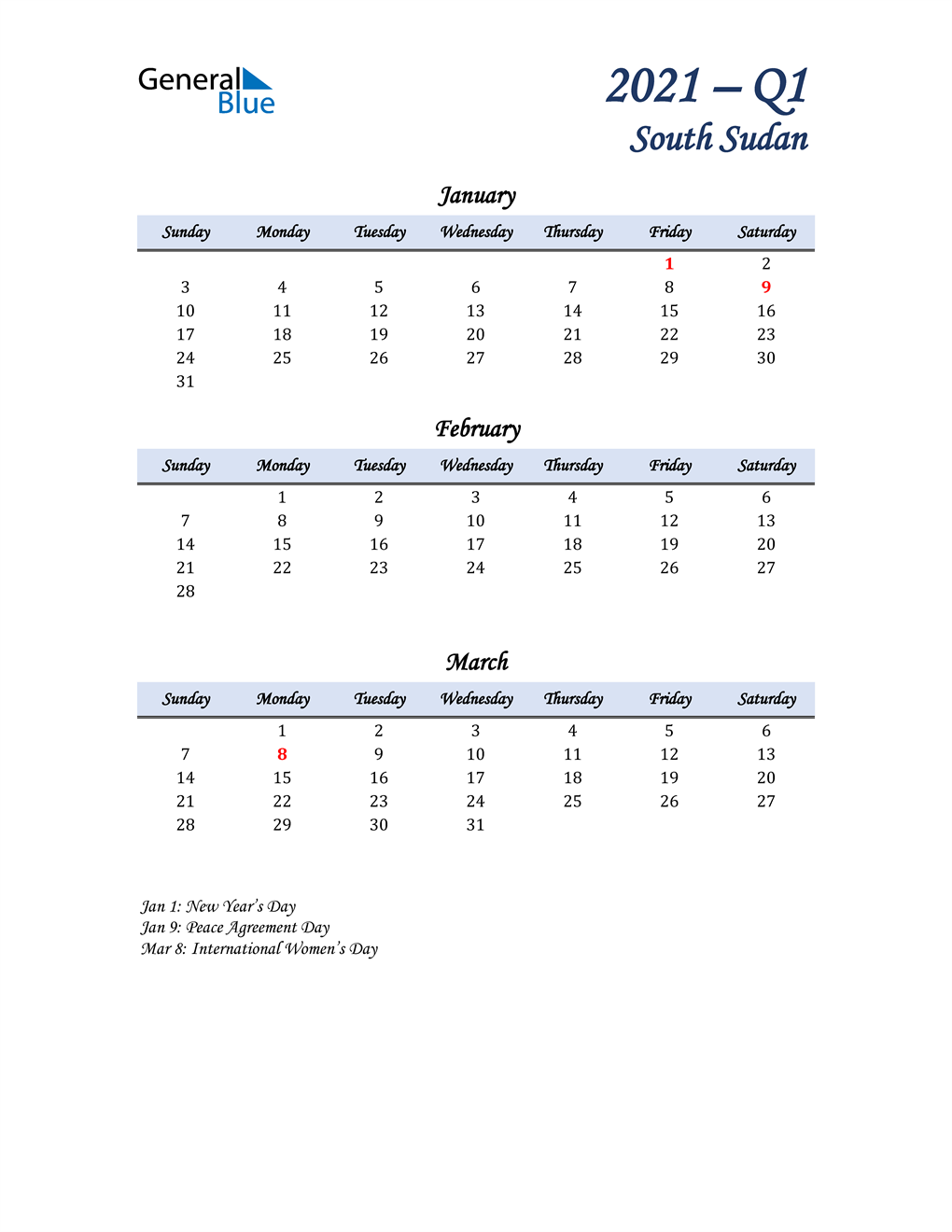  January, February, and March Calendar for South Sudan