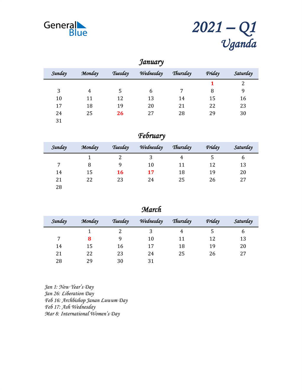  January, February, and March Calendar for Uganda