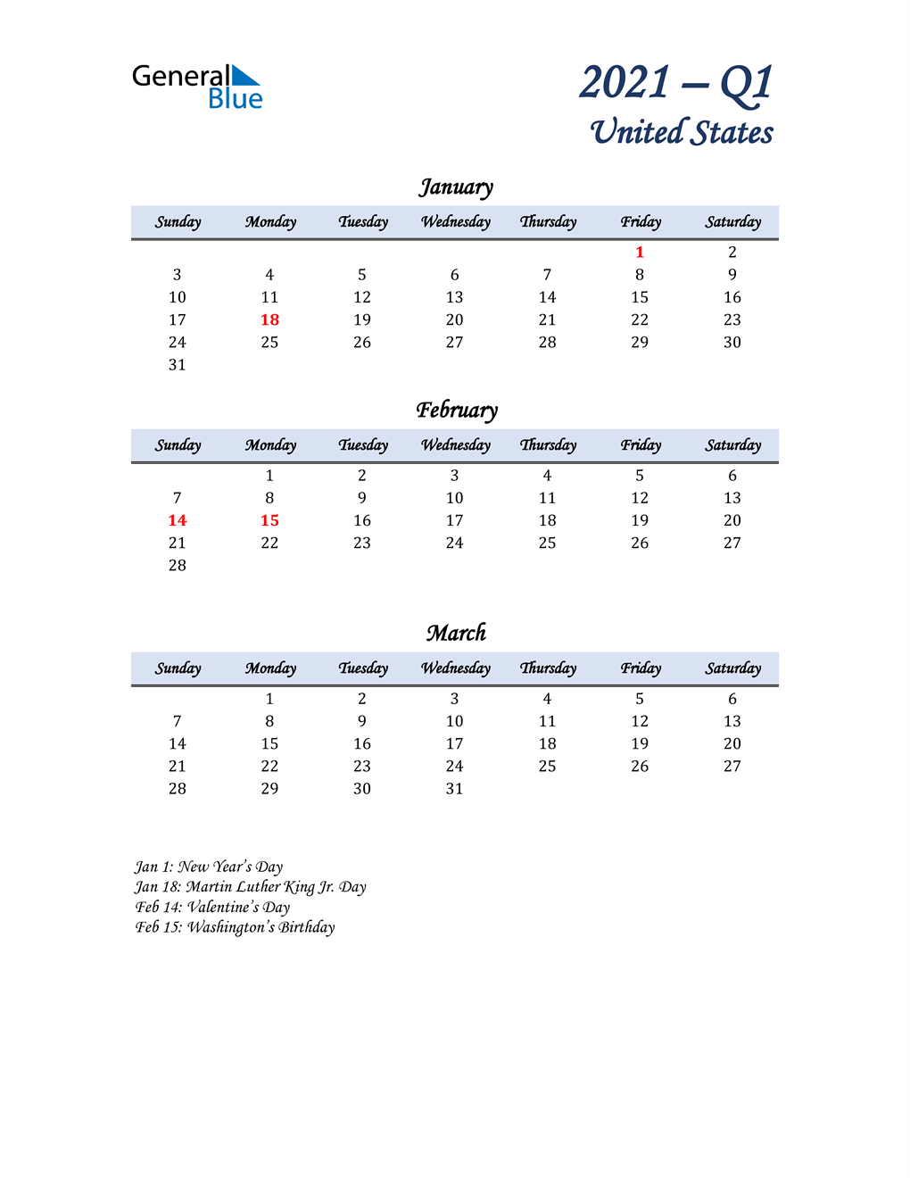  January, February, and March Calendar for United States