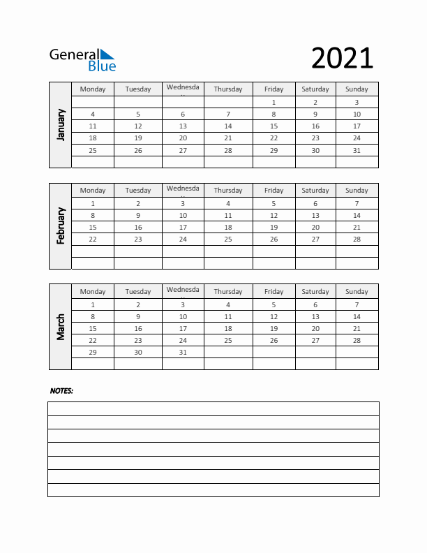 Q1 2021 Calendar with Notes