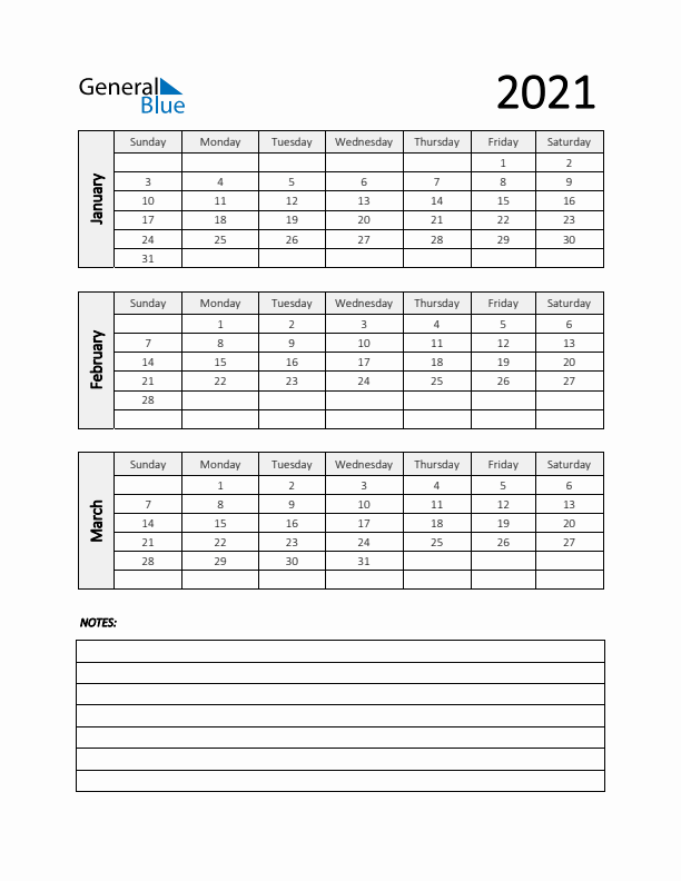 Q1 2021 Calendar with Notes