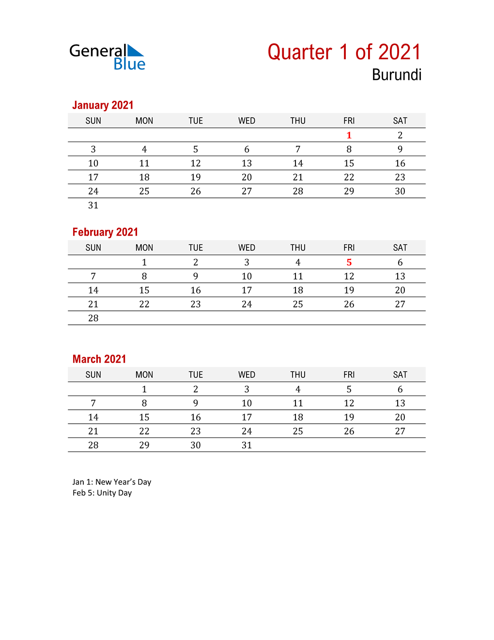  Printable Three Month Calendar for Burundi