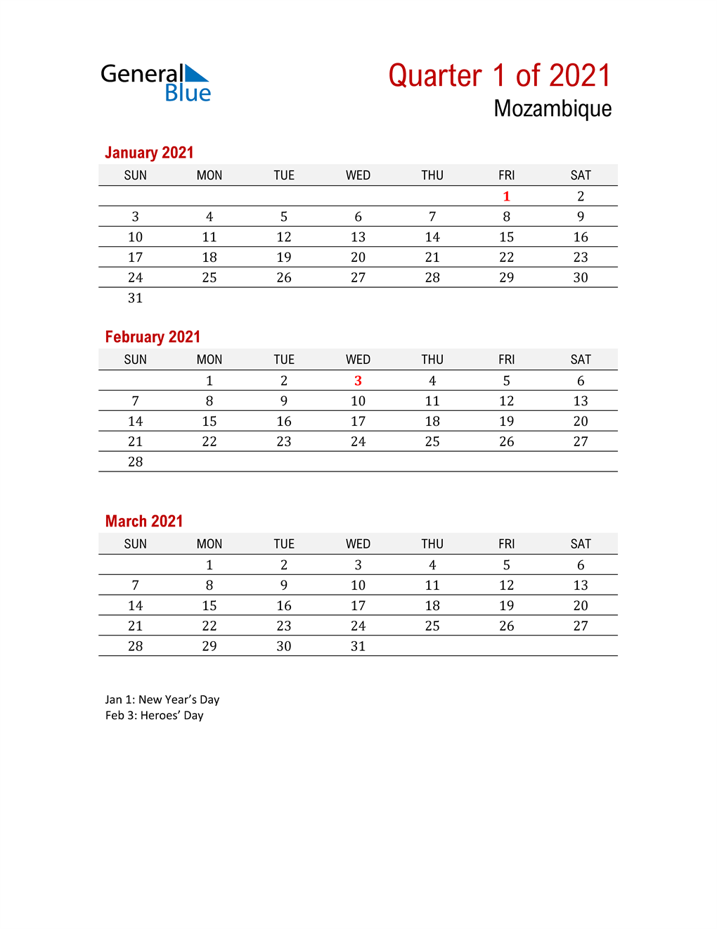  Printable Three Month Calendar for Mozambique