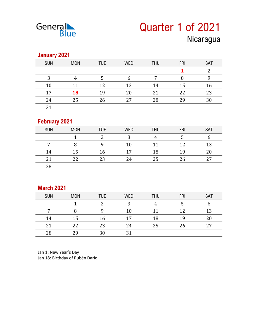  Printable Three Month Calendar for Nicaragua