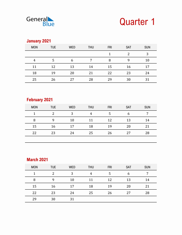Three-Month Printable Calendar 2021