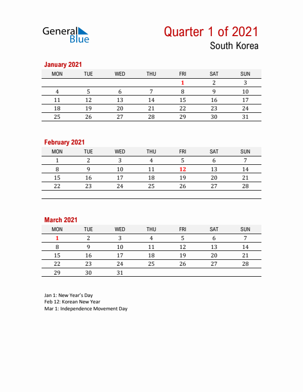 Printable Three Month Calendar with South Korea Holidays