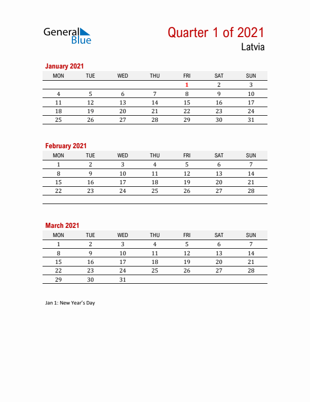 Printable Three Month Calendar with Latvia Holidays