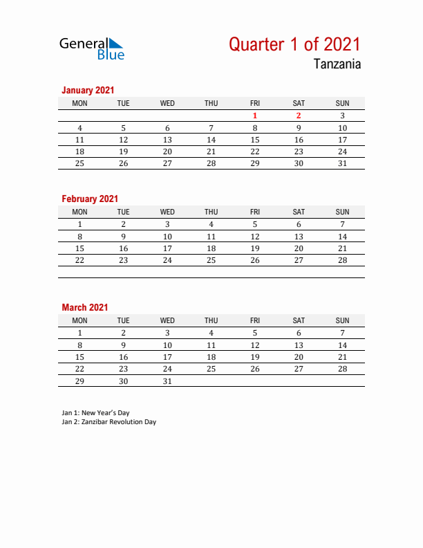 Printable Three Month Calendar with Tanzania Holidays
