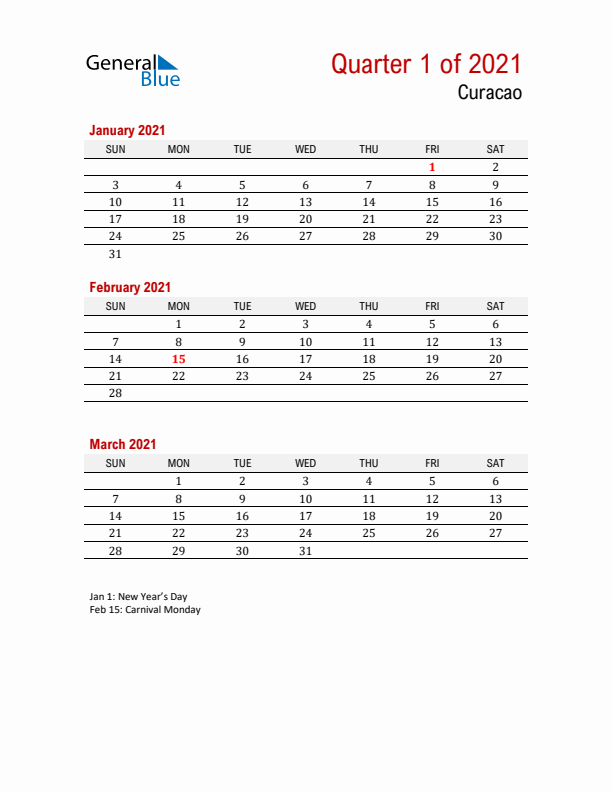 Printable Three Month Calendar with Curacao Holidays