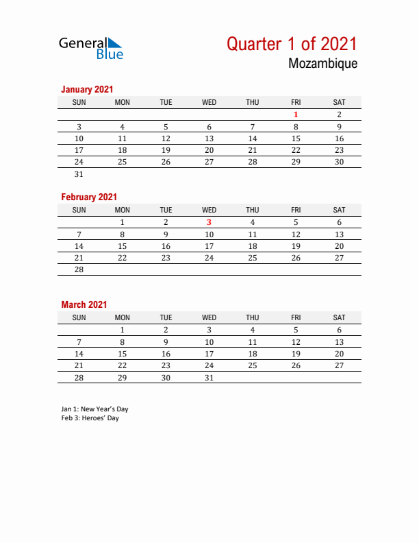Printable Three Month Calendar with Mozambique Holidays