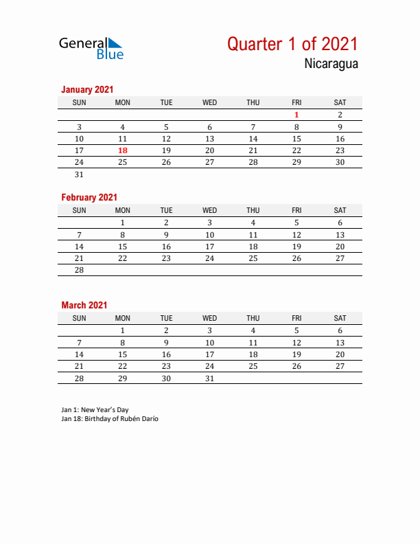 Printable Three Month Calendar with Nicaragua Holidays
