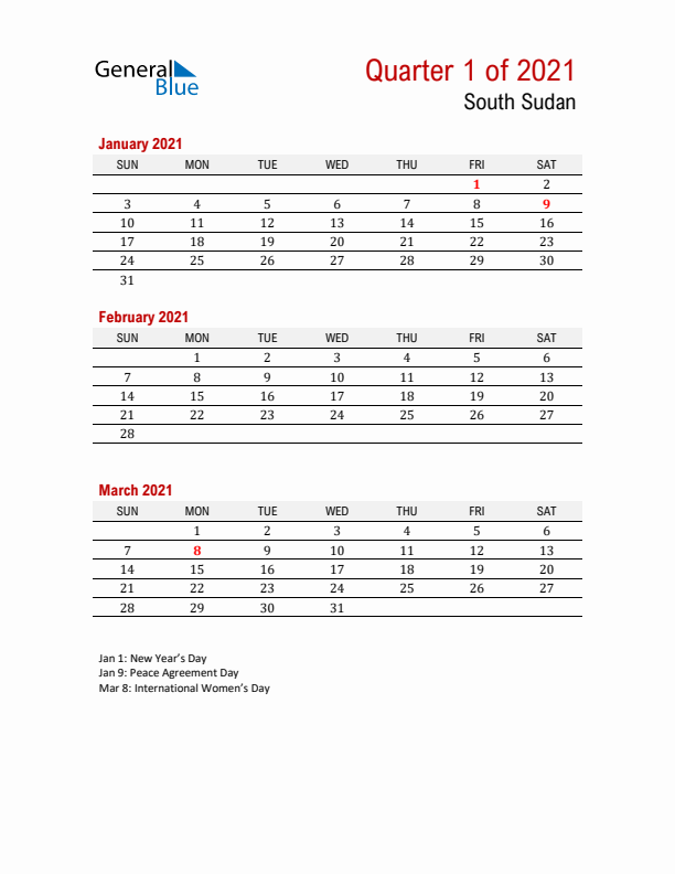 Printable Three Month Calendar with South Sudan Holidays