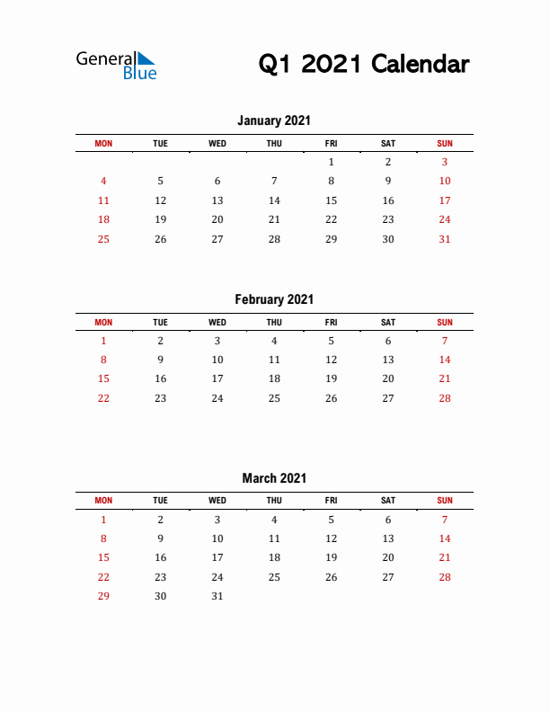 2021 Q1 Calendar with Red Weekend