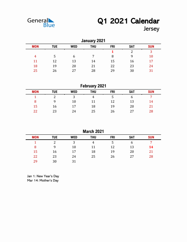 2021 Q1 Calendar with Holidays List for Jersey