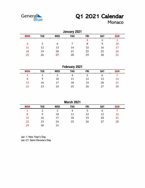 2021 Q1 Calendar with Holidays List for Monaco