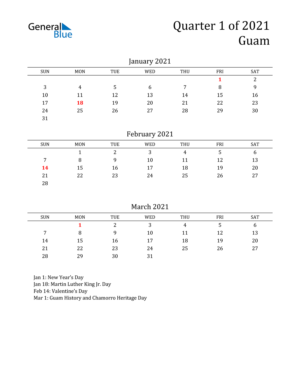  2021 Guam Quarterly Calendar