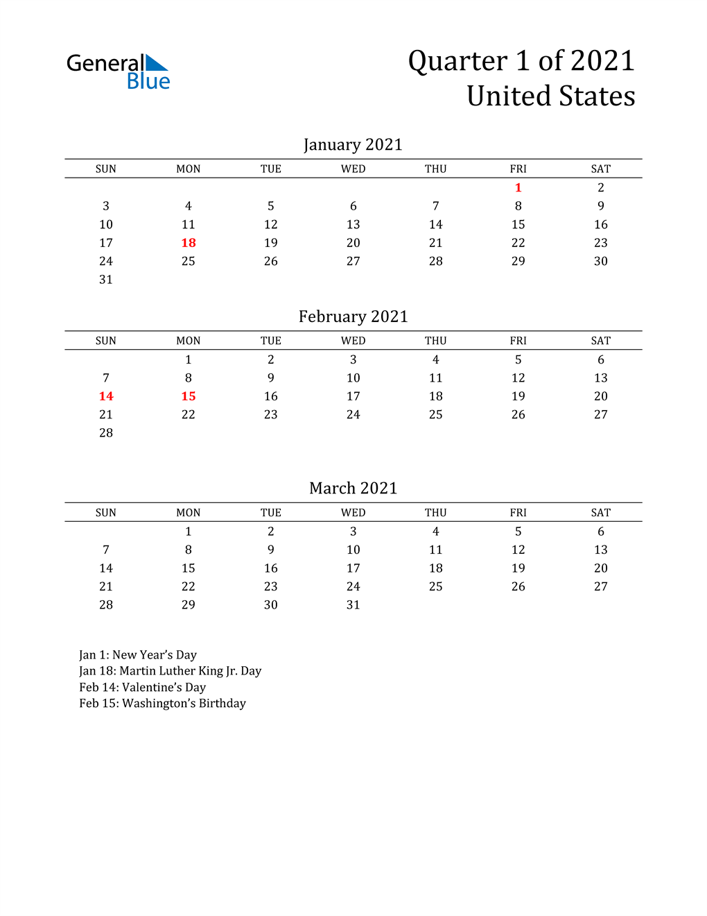  2021 United States Quarterly Calendar