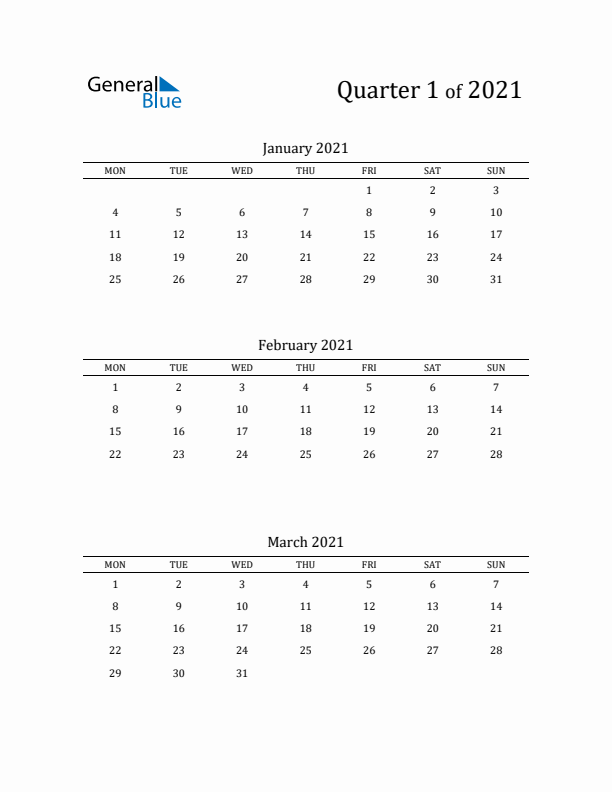 2021 Three-Month Calendar with Monday Start - Quarter 1