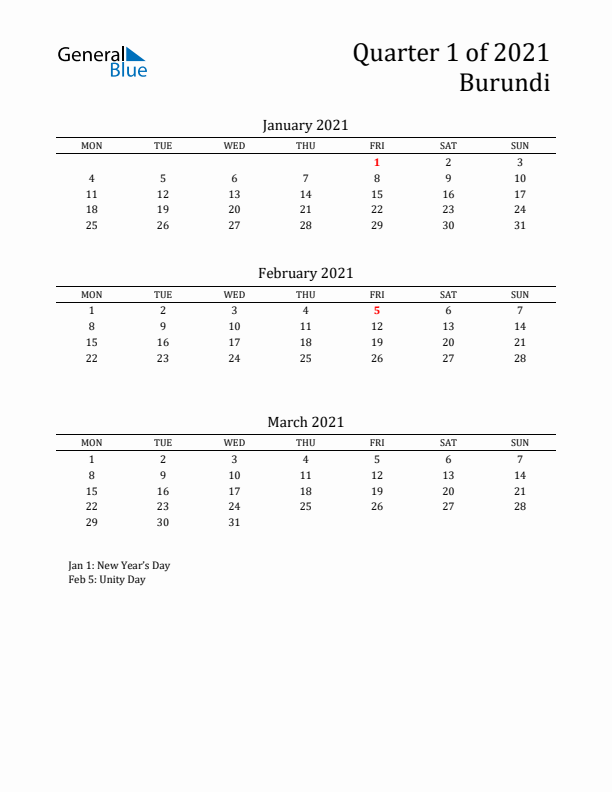 Quarter 1 2021 Burundi Quarterly Calendar