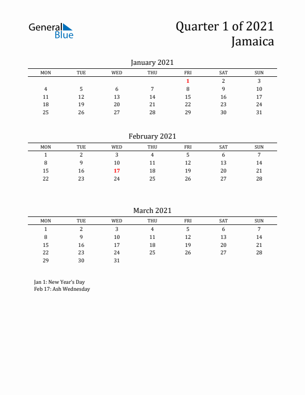 Quarter 1 2021 Jamaica Quarterly Calendar